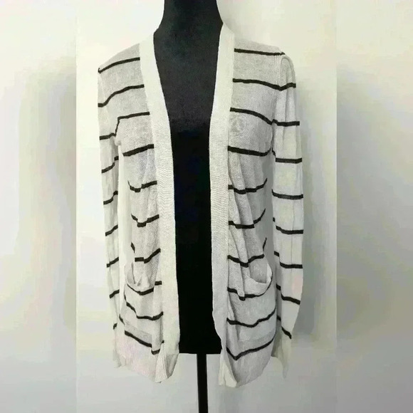 Black and White Striped Cardigan Open Front Loft - Picture 5 of 5